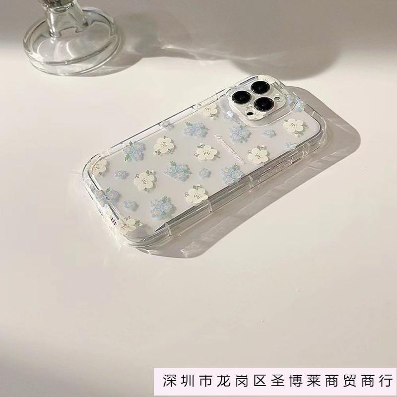 Blue and White Floral Application Apple 16promax Mobile Phone Case 15plus Fresh 14 Airbag 13 Transparent 1211