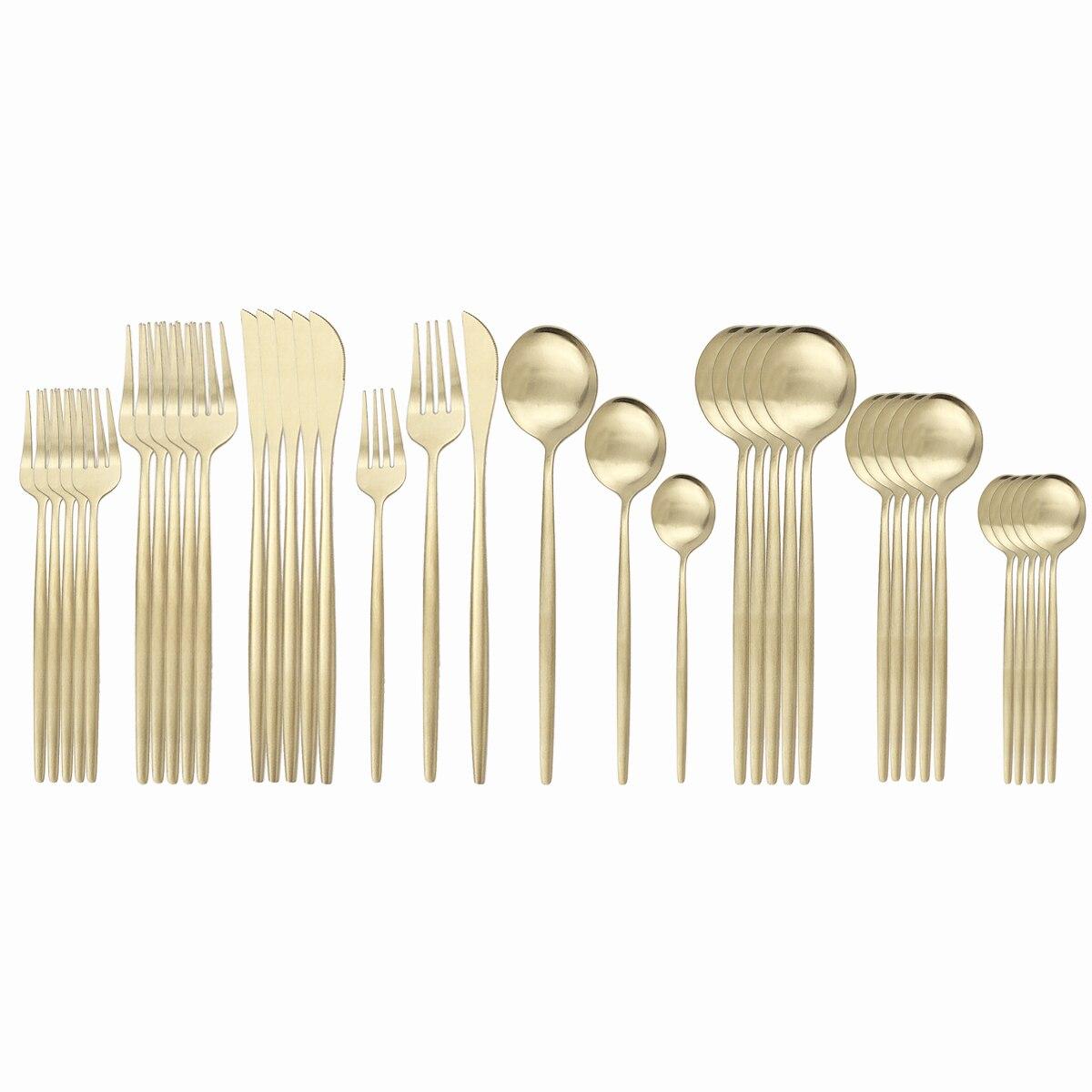 

6 комплектів/36 предметів Золотий набір столових приладів Набір столового посуду з нержавіючої сталі 304 Ножі Виделка Десертна ложка Столовий набір Кухонний посуд Срібний посуд шампанського