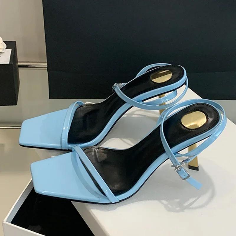 

Fashion Elegant Square Toe Ankle Strap Sandals Women Street Style Sexy Metal Design Heels Gladiator Sandalias Ladies Party Dress Shoes 40 синий