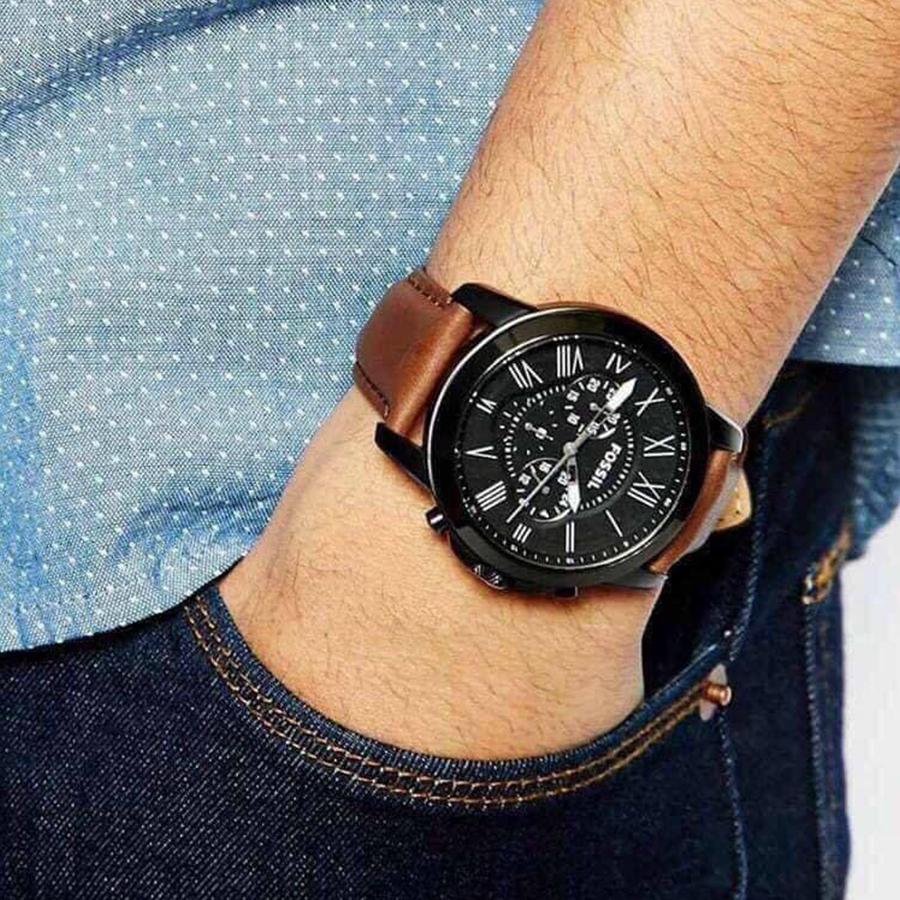 Fossil Ceas Cronograf Grant Cadran Negru Curea Piele Maro pentru Bărbați - FS5241
