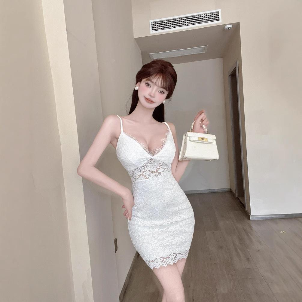 Nightclub women's clothing sexy low-cut v-neck fashion temperament suspender dress wind pure lace short skirt