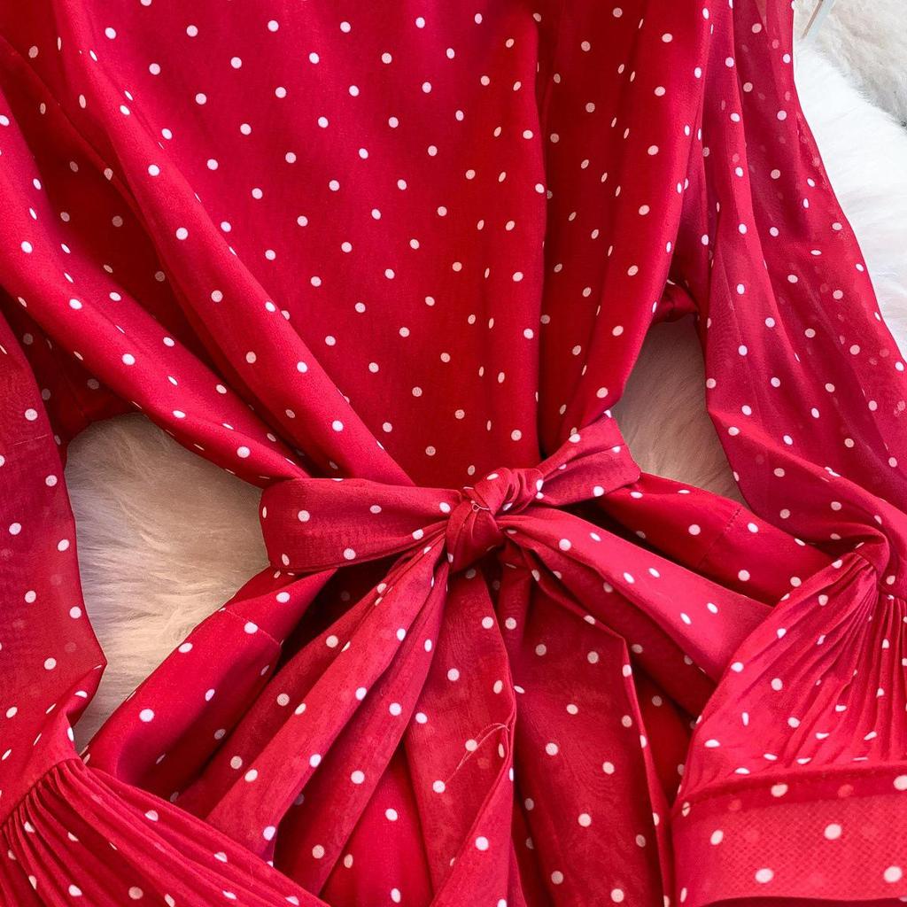 Elegant Polka Dot Ruffle Dress - Women's Spring/Summer Tie-Waist Long Sleeve Skirt