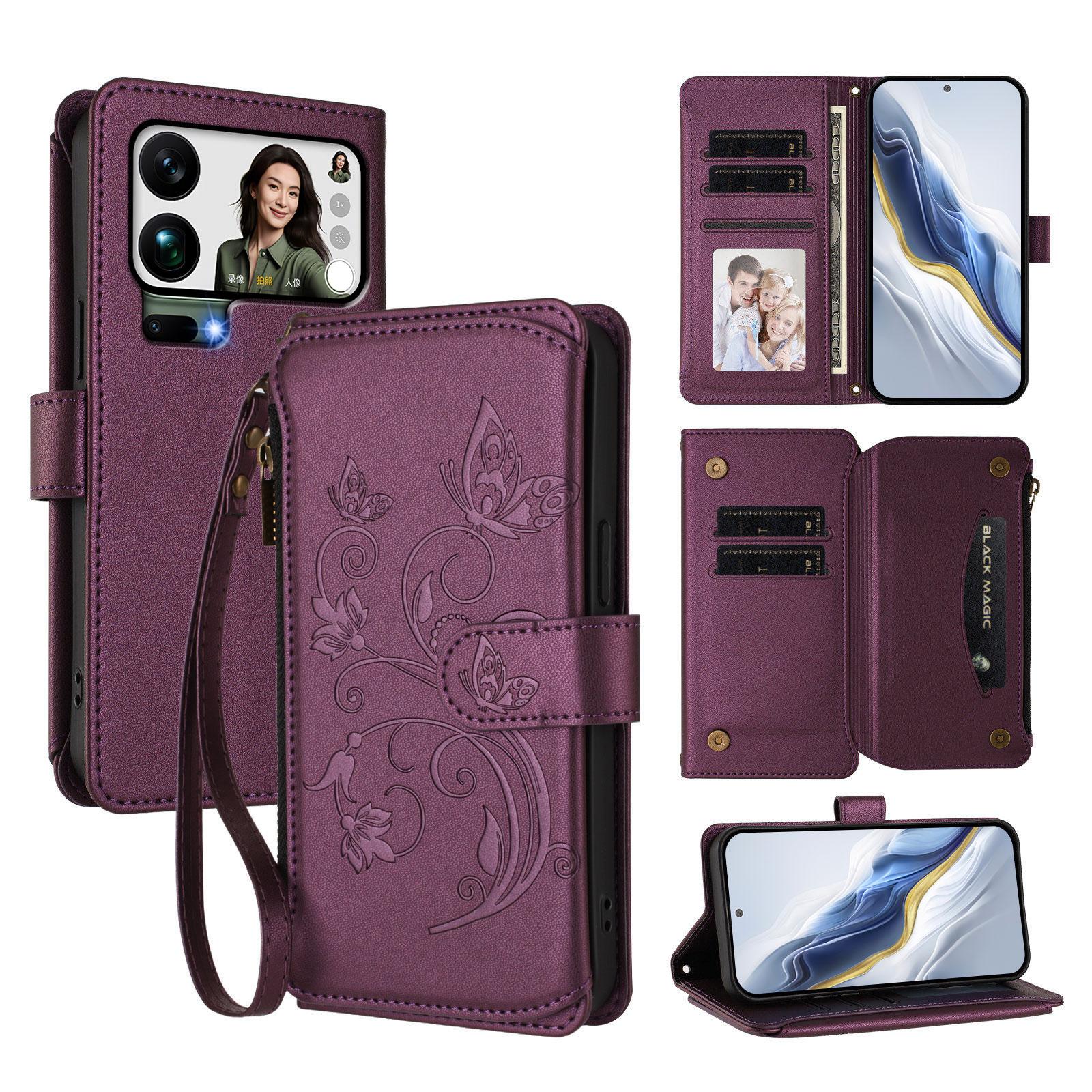 

For Xiaomi 17 Pro Max Leather Case Butterfly Floral Imprint Zipper Wallet Stand Cover with Wrist Strap