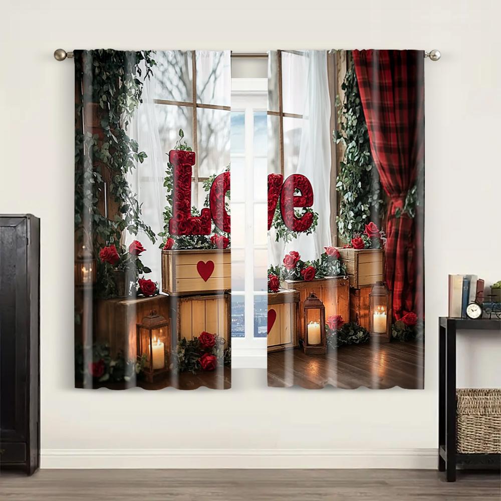2pc,  Happy Valentine's Day Drapes Happy Valentines Day Machine Washable Fabric,Without Electricity Versatile Suitable for