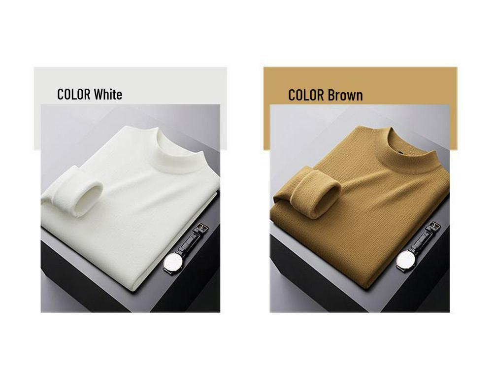 Men's Plus Velvet Half-High Collar Knit Sweater - Anti-Pilling Dobby Fleece, Solid Color for Autumn/Winter