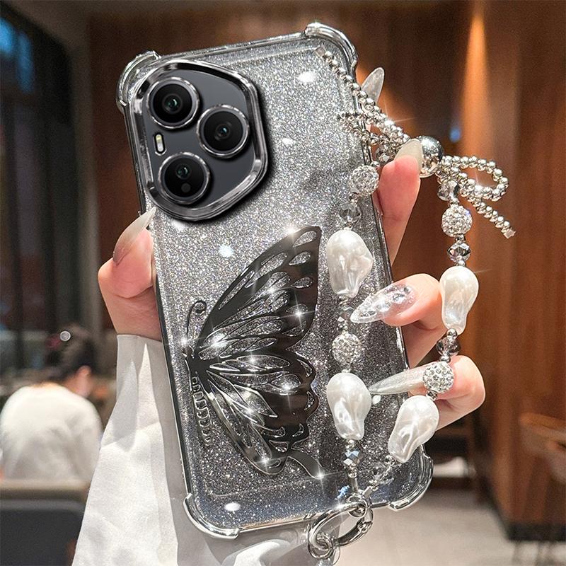 Custodia Braccialetto Glitterata Placcata Antiurto Farfalla Laser Per Huawei Honor 400 300 Ultra 200 100 90 Lite 80 70 60 Pro Cover