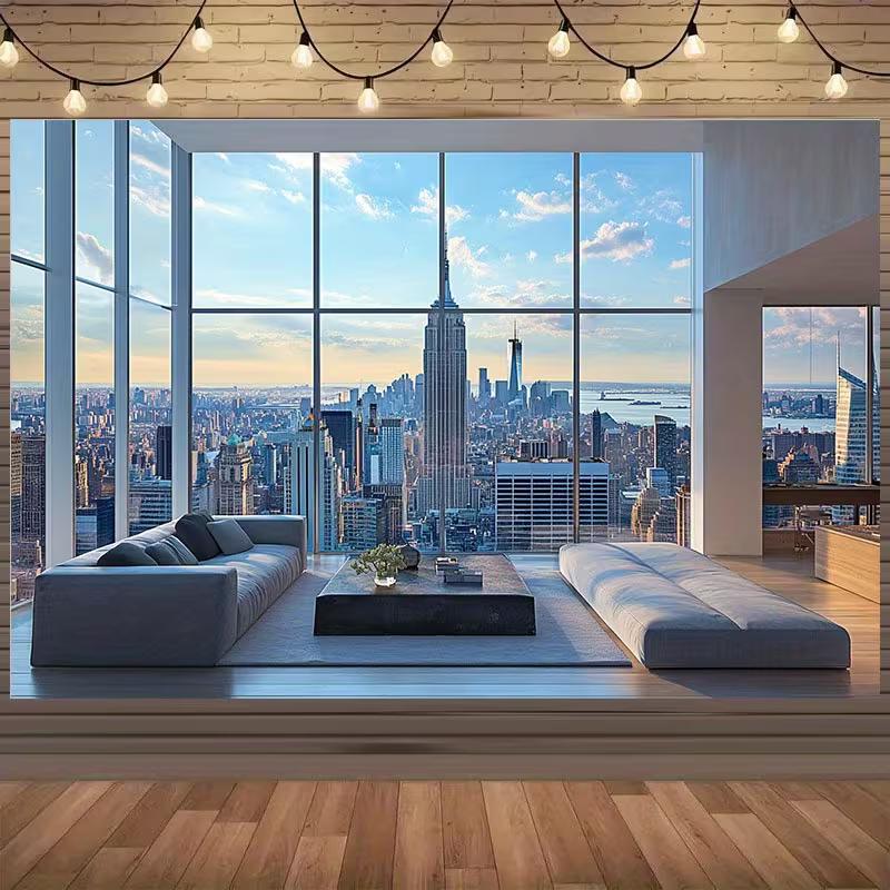 

2D NYC Penthouse Backdrop Modern Apartment Empire State View Photography Background 47.2x31.5inch/120*80cm