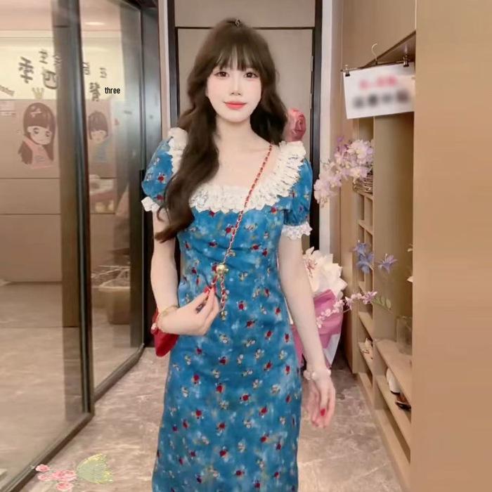 Women s French Blue Floral Square Neck Puff Sleeve Long Dress, Summer 2026 Collection XL