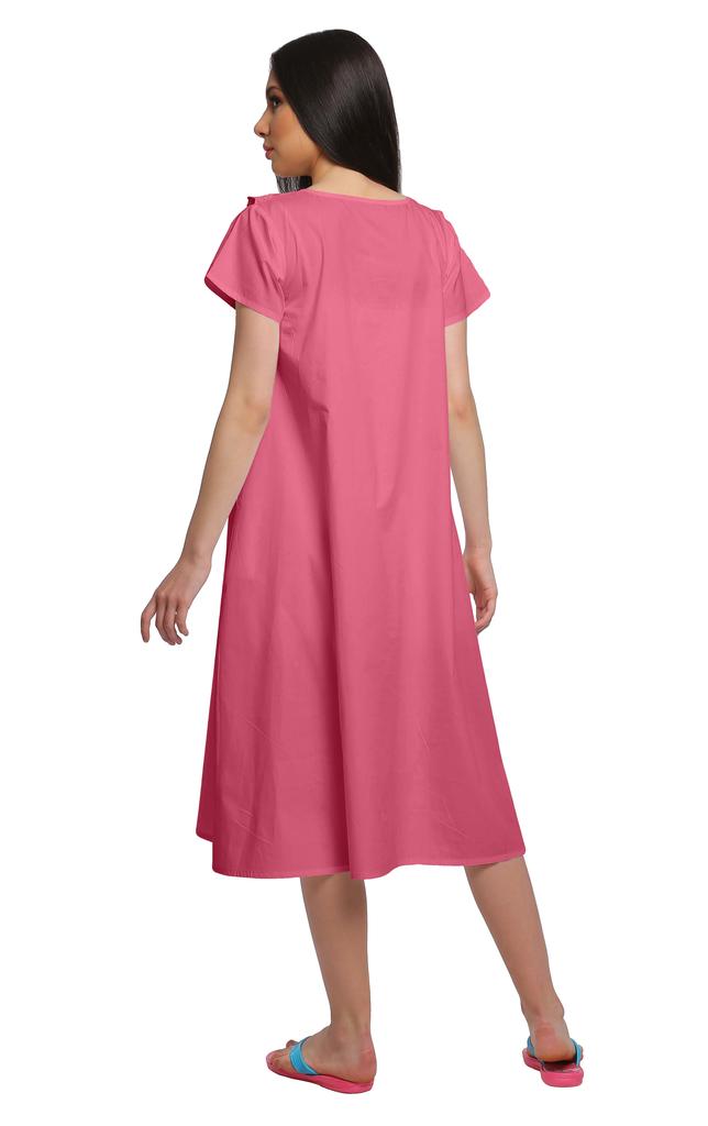 Moomaya Solid Short Sleeve Nightdress For Ladies Button Placket Nightwear