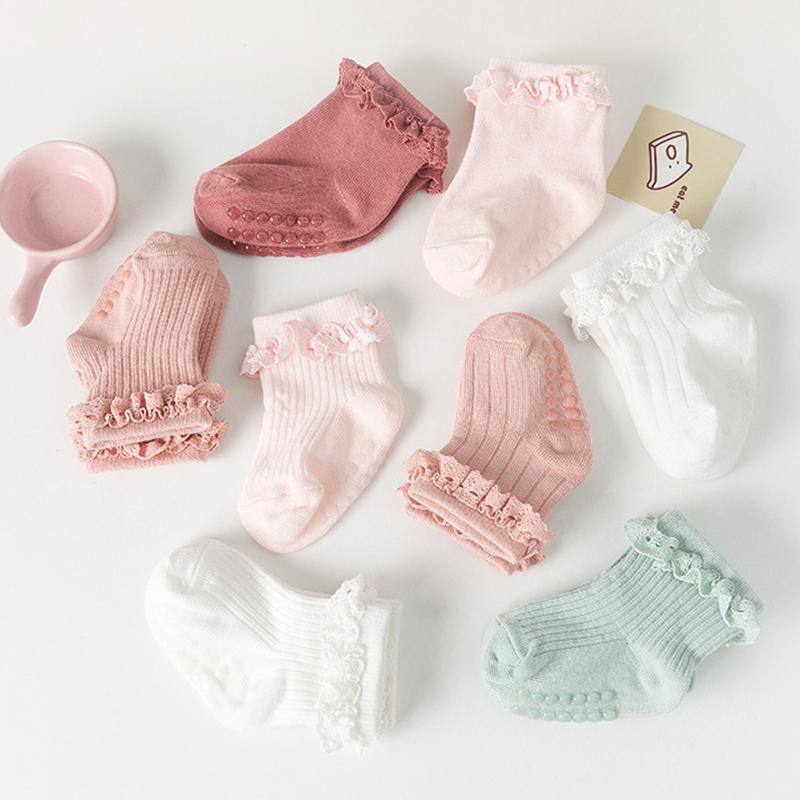 Cute Lace Ruffle Baby Socks Soft Kids Girls Short Socks With Rubber Soles Anti Slip Solid Color Infant Toddler Floor Socks