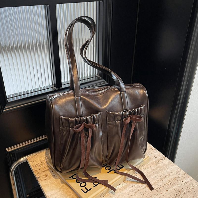 Commuter Vintage Underarm Bag Women's Bow Double Pocket Tote Bag Large Capacity Shoulder Bag