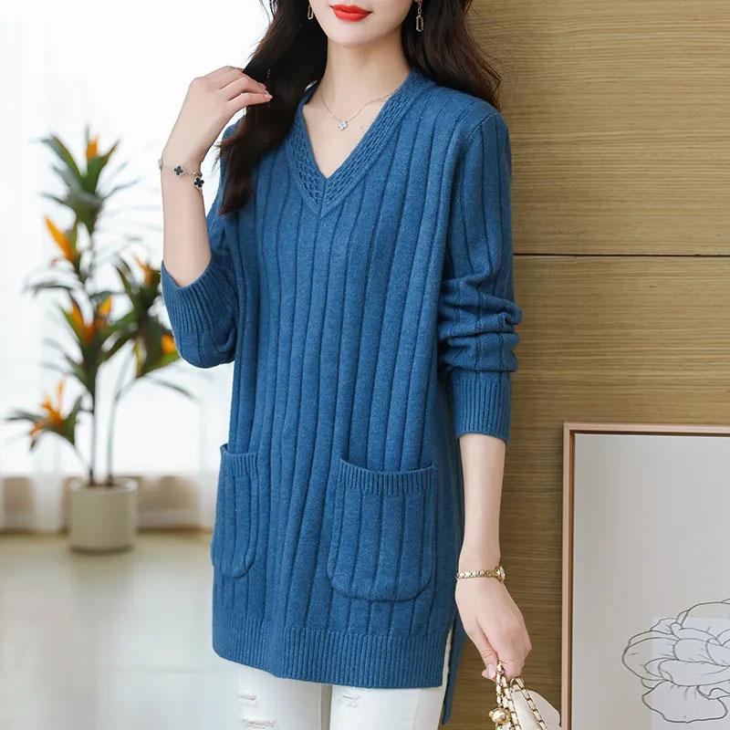 

Свитер для женщин осень зима утолщенный пуловер свитер теплый вязаный свитер длинный рукав V-образный вырез большой размер свитер топы XXXXXL синий