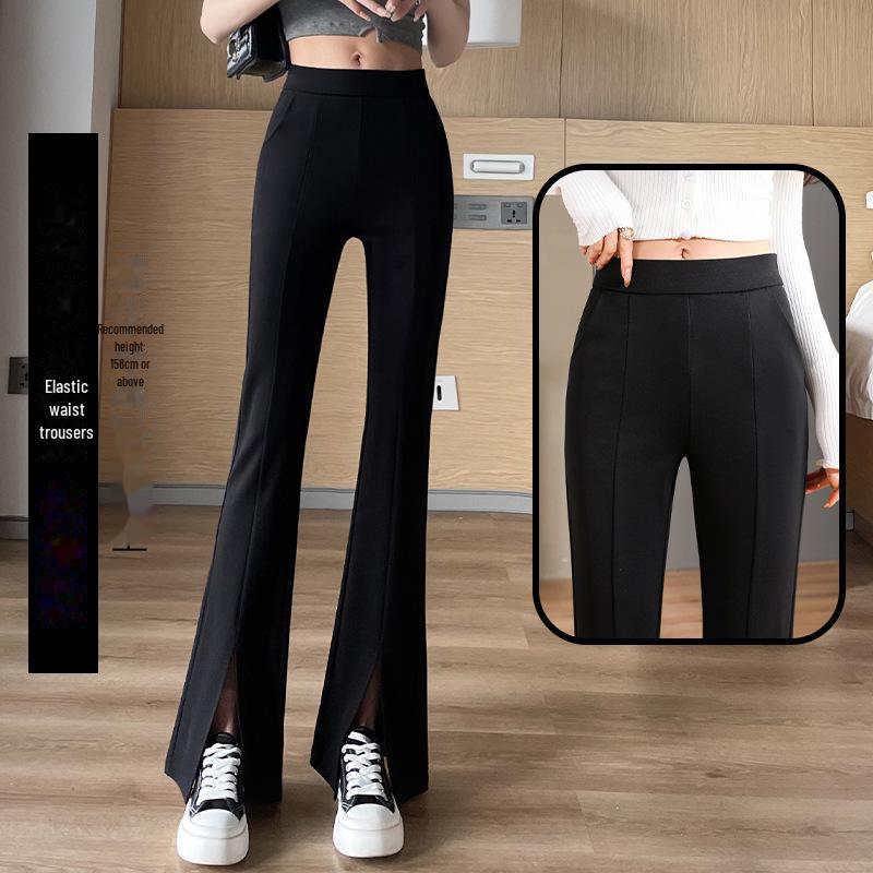 High-Waist Black Flared Pants for Women - Spring/Fall Slimming, Plus Size, Lightweight Front Slit Design