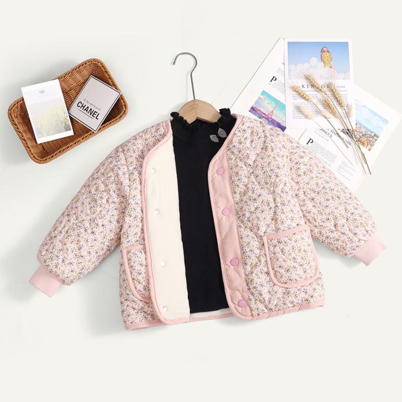 2023 Korean Style Girls' Floral Quilted Corduroy Winter Jacket