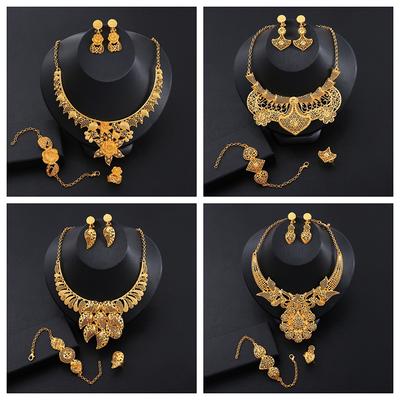 4pcs Luxury 24k Gold Color Zircon Set For Women Dubai Bridal Wedding Necklace And Earrings Set African Choker Party Gifts