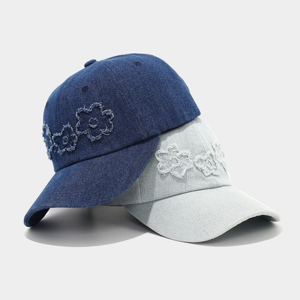 Washed denim edge flower embroidered baseball cap men's and women's simple retro cap outdoor casual sun hat