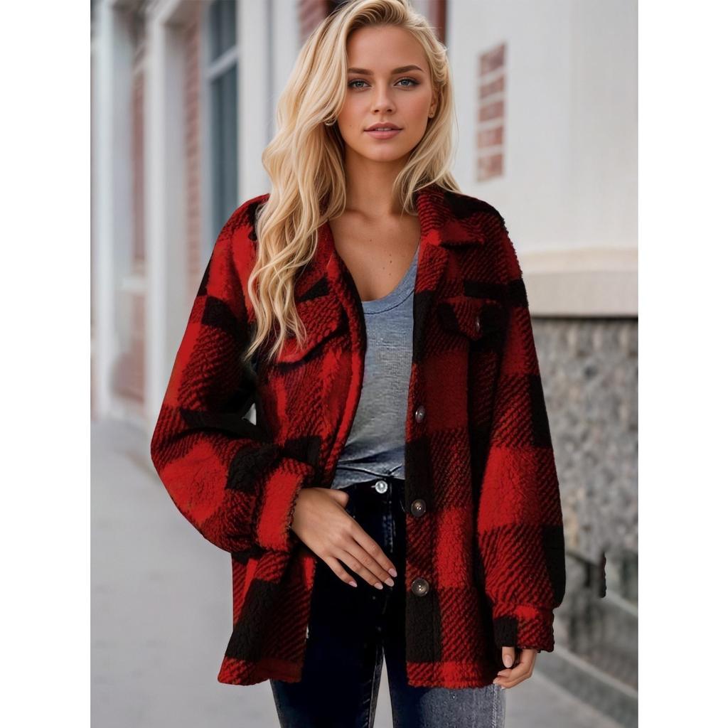 Ladies' Plush Fleece Winter Coat - Grid High Stretch Coat, Middle Eastern Elegant Collection, Machine Washable for Autumn and Winter