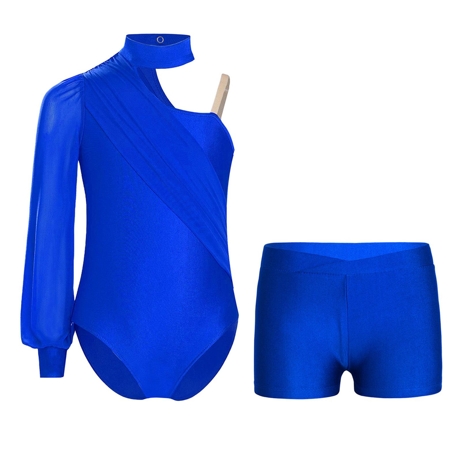 

Girls Gymnastics Dance Costume: One Shoulder Long Sleeve Leotard with Ruched Mesh Overlay & V-Front Waistband Shorts 7-8 Years