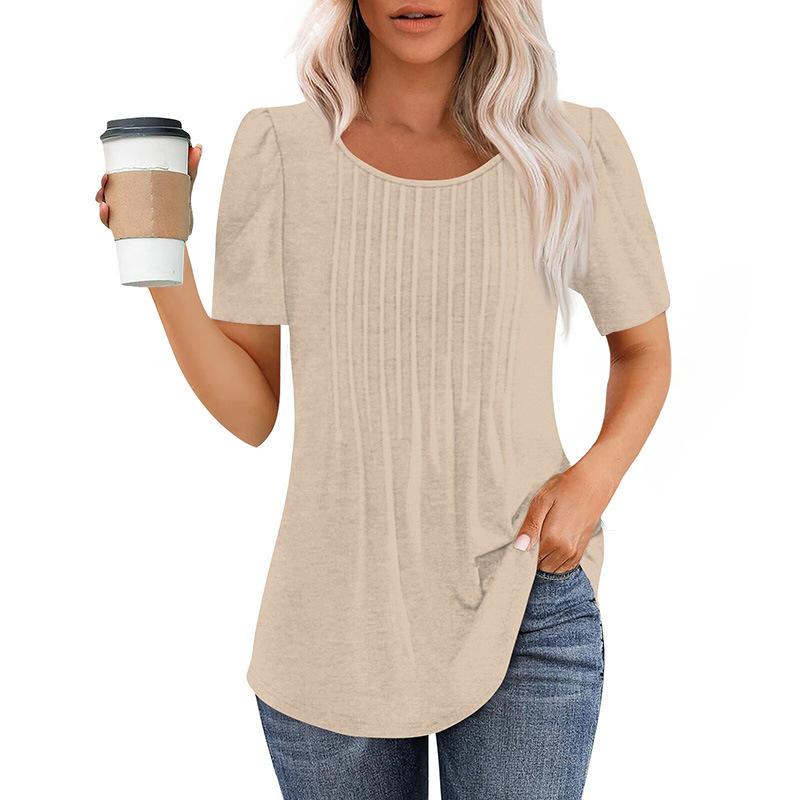Neues plissee-Rundhals-Kurzarm-T-Shirt Damen-Oberteil Damenbekleidung