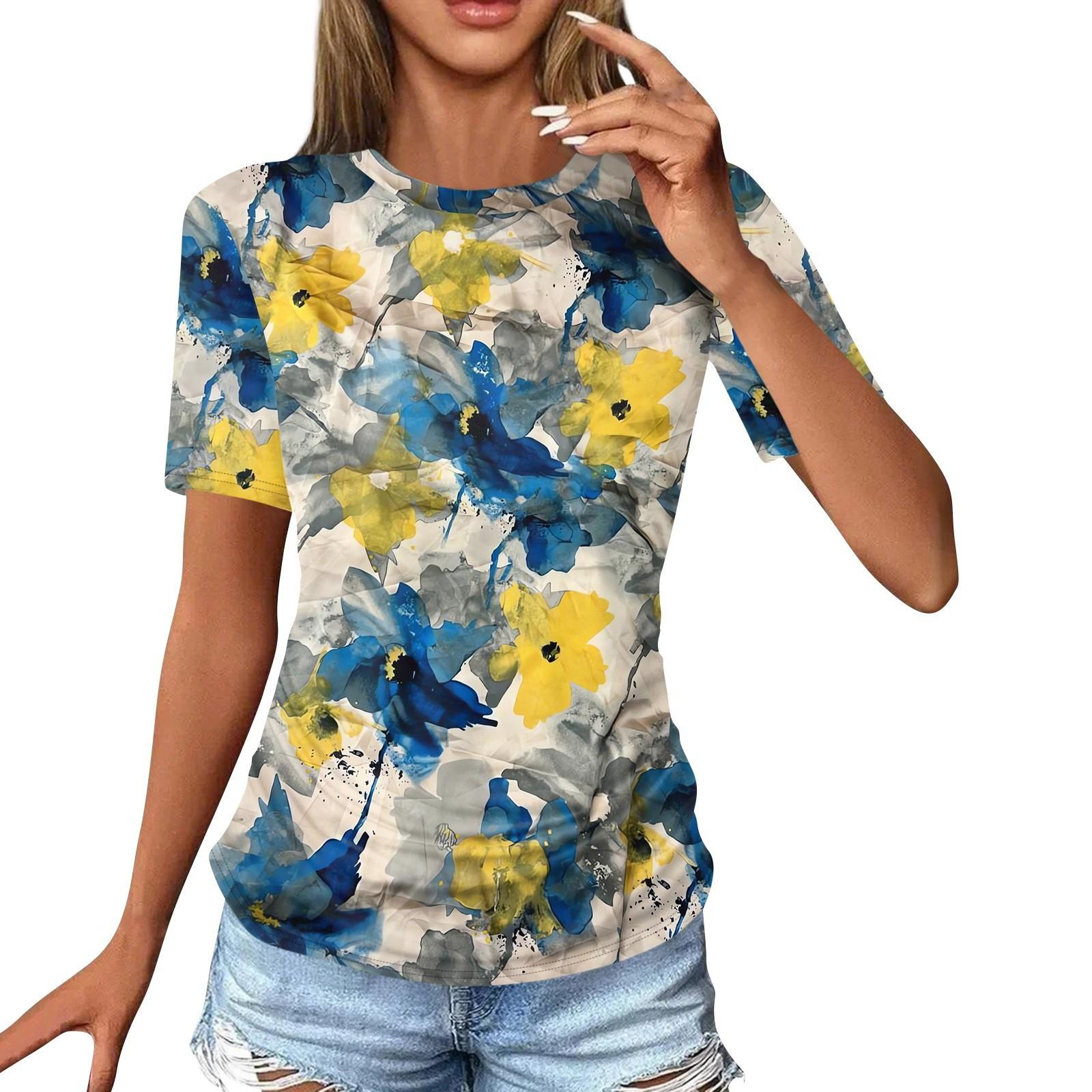 

Женские футболки, модные повседневные топы с круглым вырезом и коротким рукавом, туника с принтом XL жёлтый