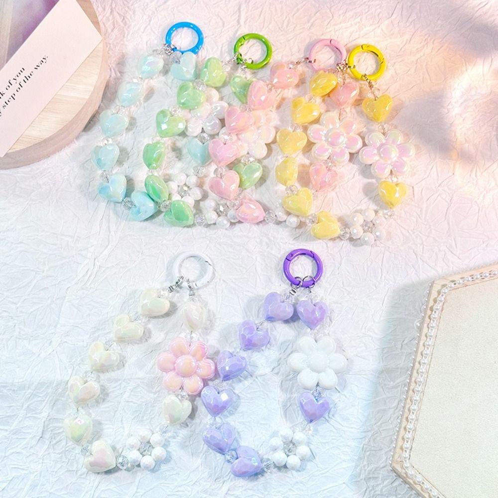 Heart Colorful Phone Lanyard Flower Keychain Crystal Phone Anti-lost Rope Colored Round Bead Cute Glitter Wrist Straps