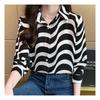 Navava Women Wave Pattern Stripe Long Sleeve Polo Shirt Nb1854