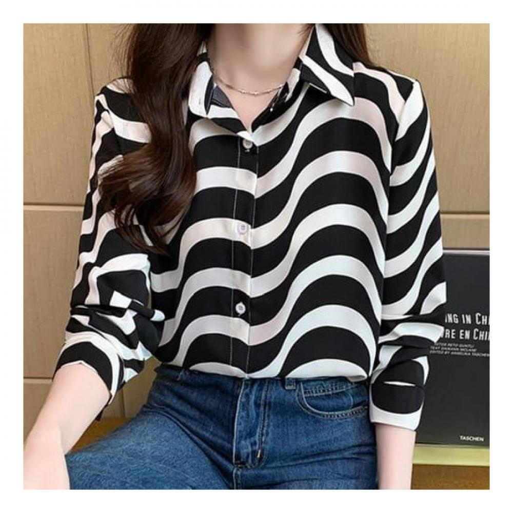 Navava Women Wave Pattern Stripe Long Sleeve Polo Shirt Nb1854