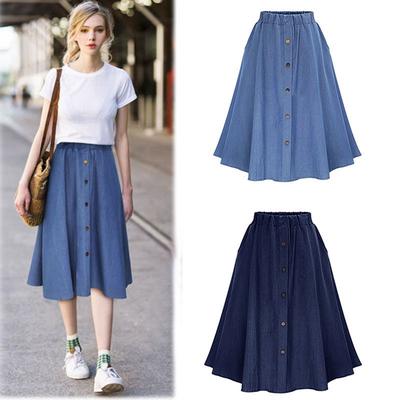 Falda Midi Vaquera Holgada para Mujer, Falda de Estudiante de Talla Grande con Cintura Elástica