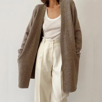 Autumn and Winter Women's Knitted Cardigan Sweater Temperament and Elegant Solid Color Long Sweater with Pocket