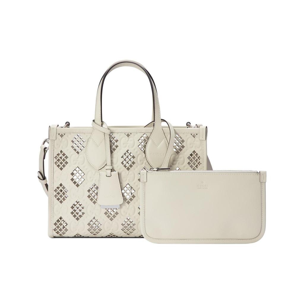 Gucci GG Embossed White Leather Cutout Detail Tote Bag With Removable Shoulder Strap For Unisex Luxury Daily Use