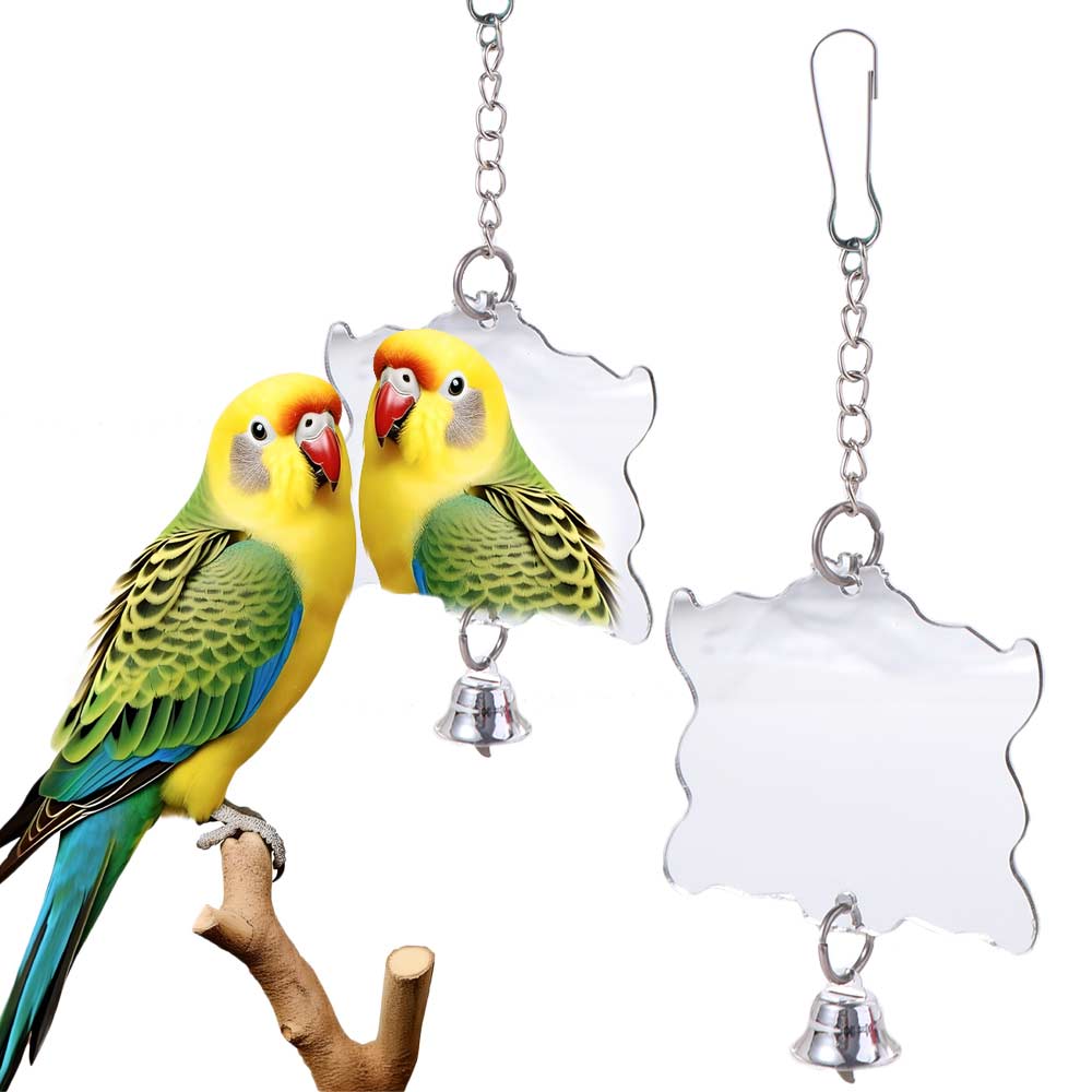Pet Supplies Acrylic Bird Cage Mirror Hanging Square Parrot Bell Toy Durable Parrot Cage Toy for Parakeet Cockatiel Finch