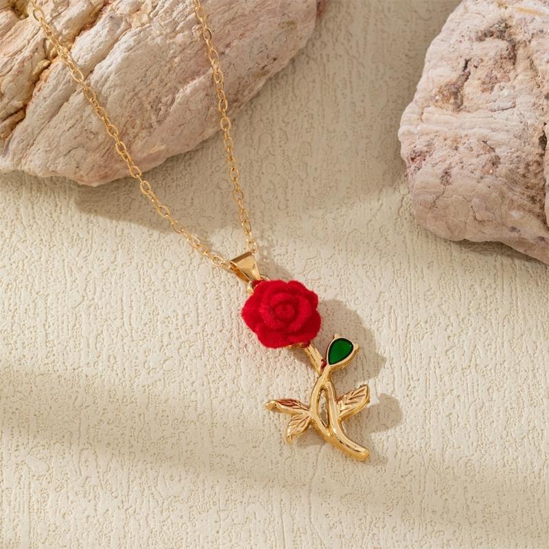 Handmade Velvets Rose Pendant Necklace Gold Tone Floral Jewelry Metal Chain Perfect Floral Accessory