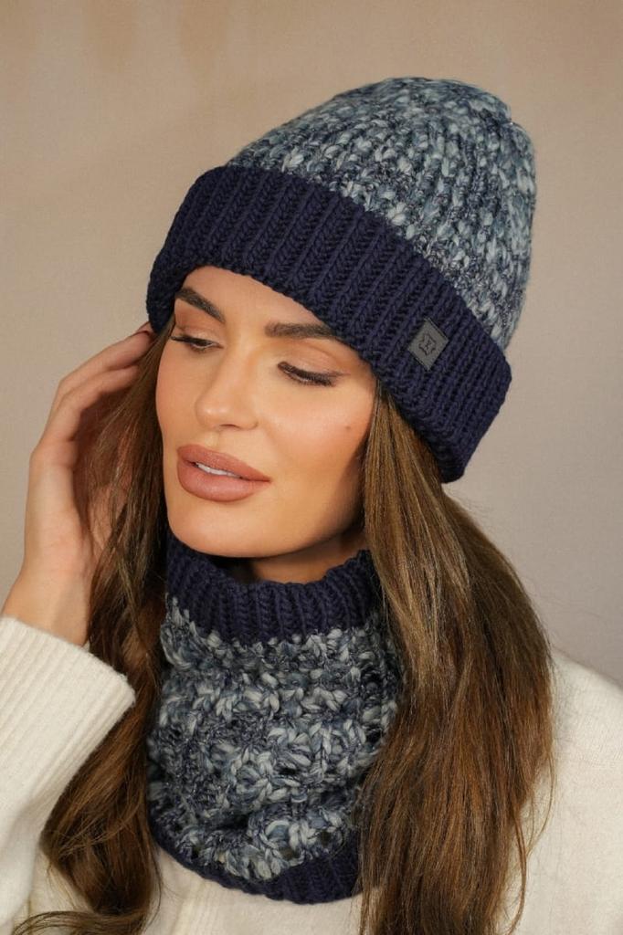 Apricot Winter Set Hat with Snood Color Navy Blue