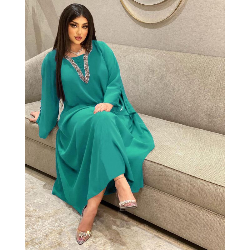 Cross-Border Amazon Indonesia Middle East Hot Selling Female Fashion Plus Size Handmade Beaded Hot Drilling Long Dress Dress