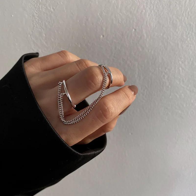 Fashion Punk Chain Double Ring Set Women Hip Hop Open Ring Metal  Color Vintage Tassel Chain Geometric Party Jewlery Gifts