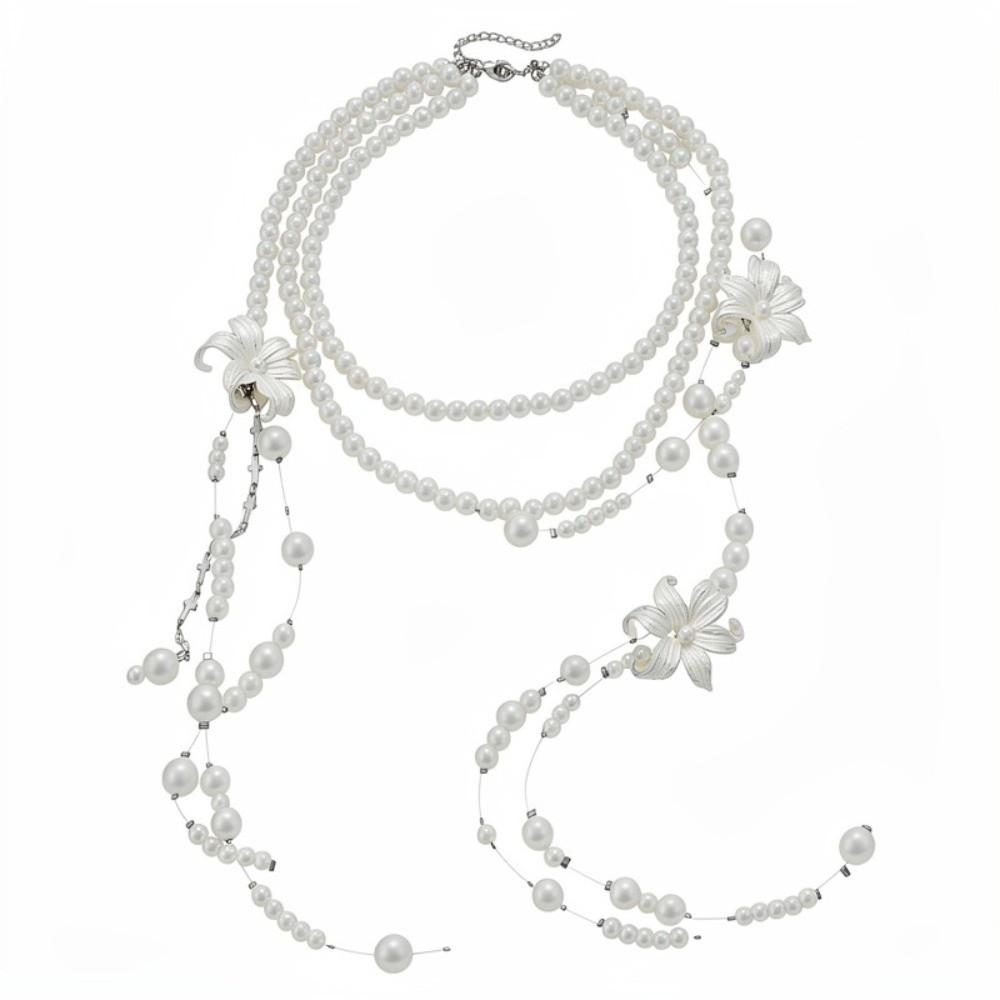 Multi Layer Lilium Flower Pearl Necklace Balletcore Style Stacked Flower Choker Sweet Girls белый