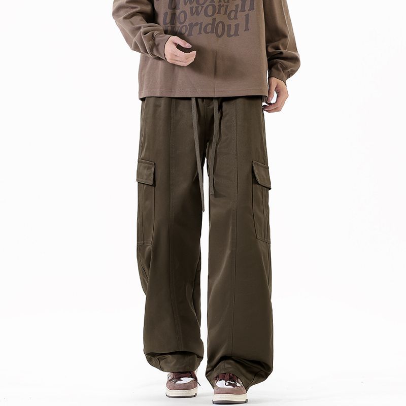 Solid color simple trendy brand splicing tooling casual pants men's trendy loose wide-leg straight elastic waist long pants men