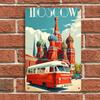 1 item: Retro bus tin painting of St. Basil's Cathedral, Moscow; decorative painting for living room/study; Russian style home w