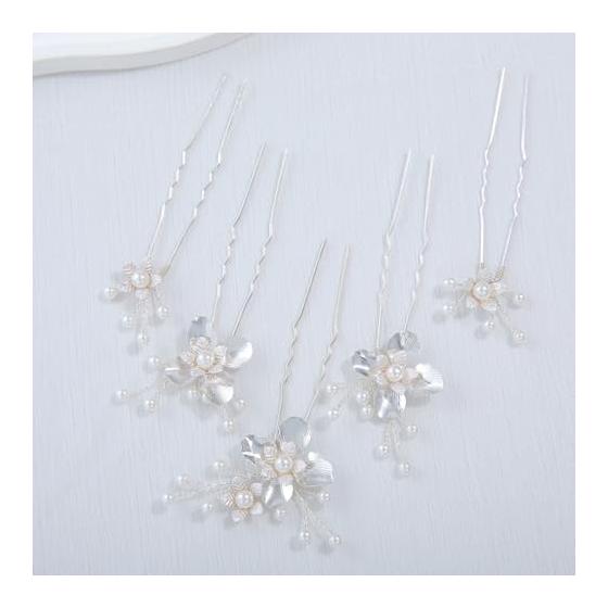 Hair Accessories Set - Leaf and Flower Motif Pearl U-Pins for Bride, Handmade Wedding Hair Jewelry, Silver