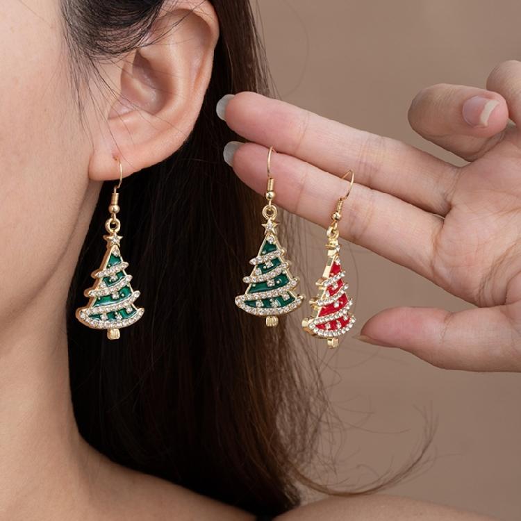 Holiday Rhinestones Christmas Earrings Lightweight Alloy Construction Ear Studs Red/Green Party Jewelry Gift
