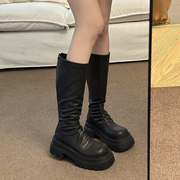 thick-soled muffin but knee boots women's autumn and winter new fashion pleated stacking boots tall elastic thin boots
