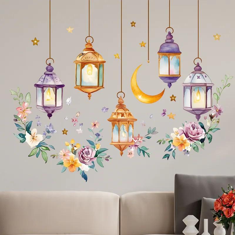 Watercolor Botanical Floral Moon Pendant Light Ornament Living Room Entryway Wall Decor Middle Eastern Wall Decals
