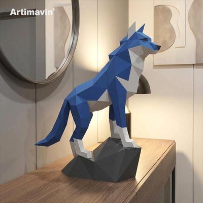 DIY 3D Origami Wolf Kit with Rock Paper Base - Handmade Animal Model