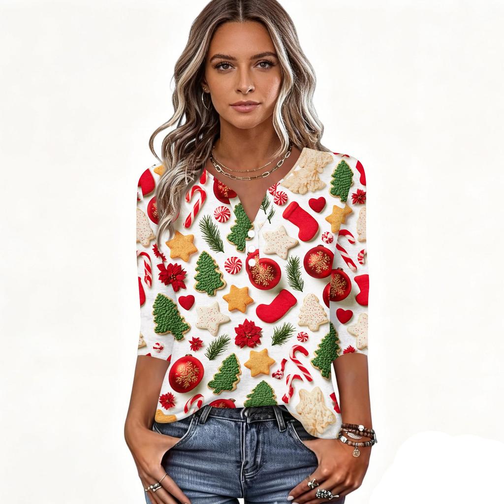 Women's Casual Christmas Print V-Neck 3/4 Sleeve Button-Front T-Shirt