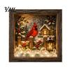 Miniature Landscape Art Christmas Sea Glass Shadow Box Night Light, 3D Winter Snow Scene Wooden Holiday Gift for Friends Frame with LED Warm