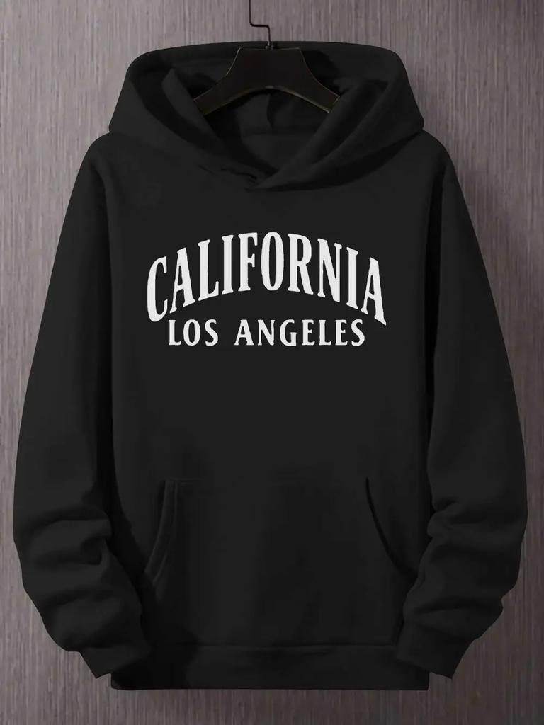 California Los Angeles Graphic Hoodie for Men - Casual Black Pullover with Bold White Lettering
