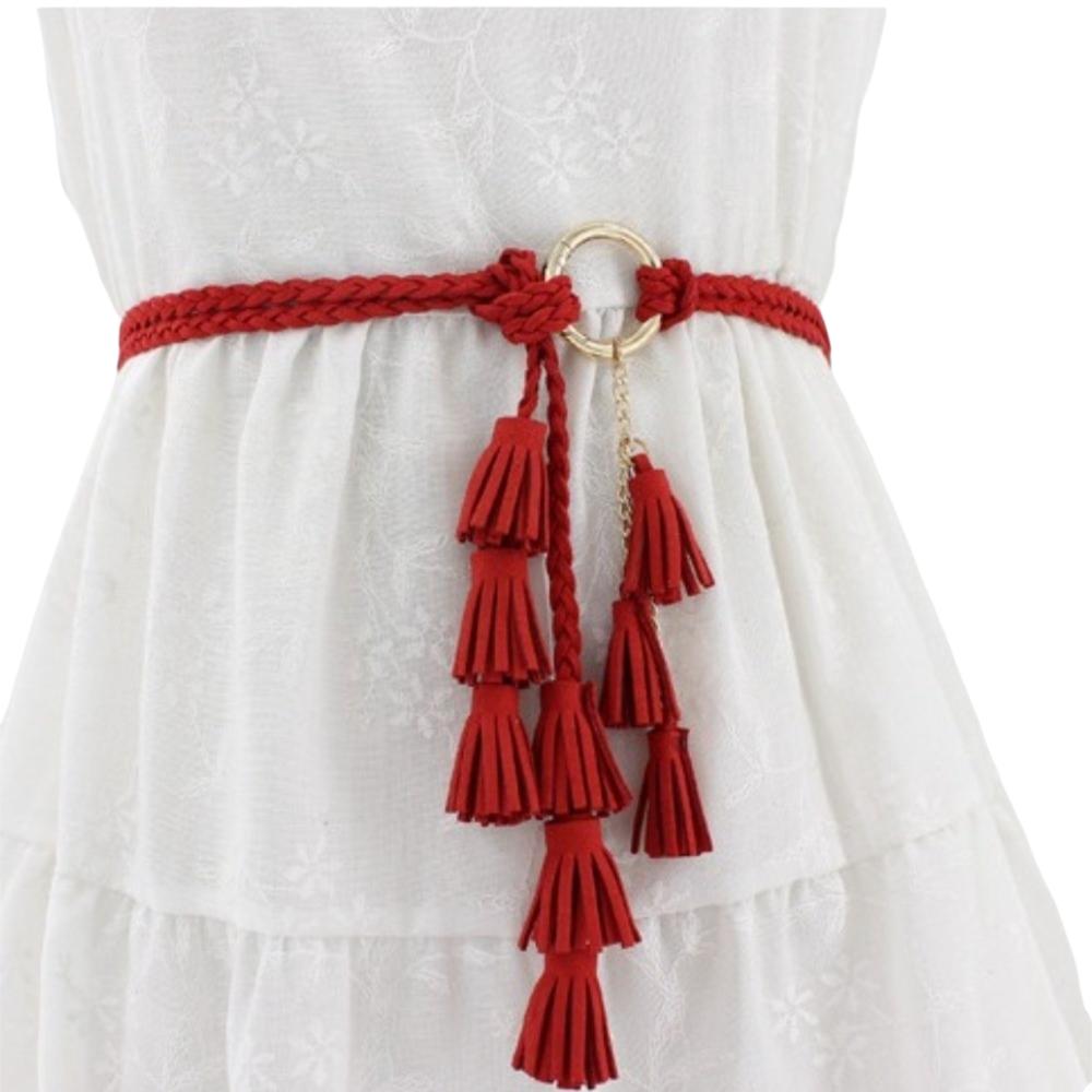 Solid Color Thin Waist Rope Belt Tassel Detail Knit Belt Fashion Dress Waistband  Waist Accessory