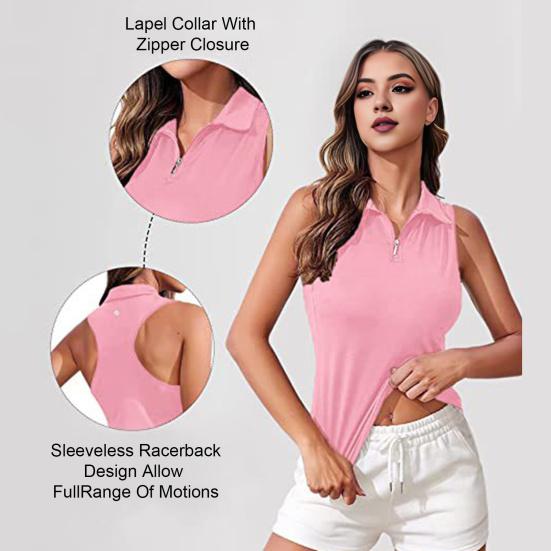 Chaleco de golf para mujer Slim Fit Top Cremallera Escote Tanque Solapa Sin mangas Color sólido Racerback Deporte