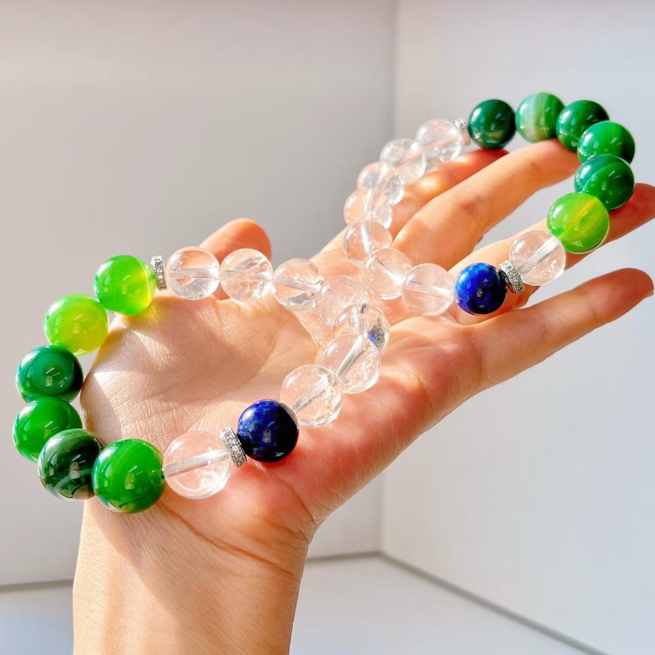 Design Sense Natural White Crystal Lapis Lazuli Green Chalcedony Contrasting Color Bracelet Bracelet