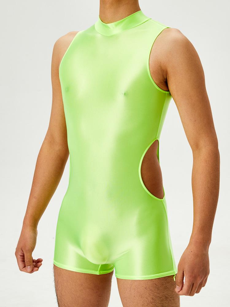 Sexy Herren-Einteiler Ausgeschnittenes Bodysuit Unisex Strumpfhose Elastisches Leotard Öl Glänzend Glatt Leotard Formgebender Jumpsuit